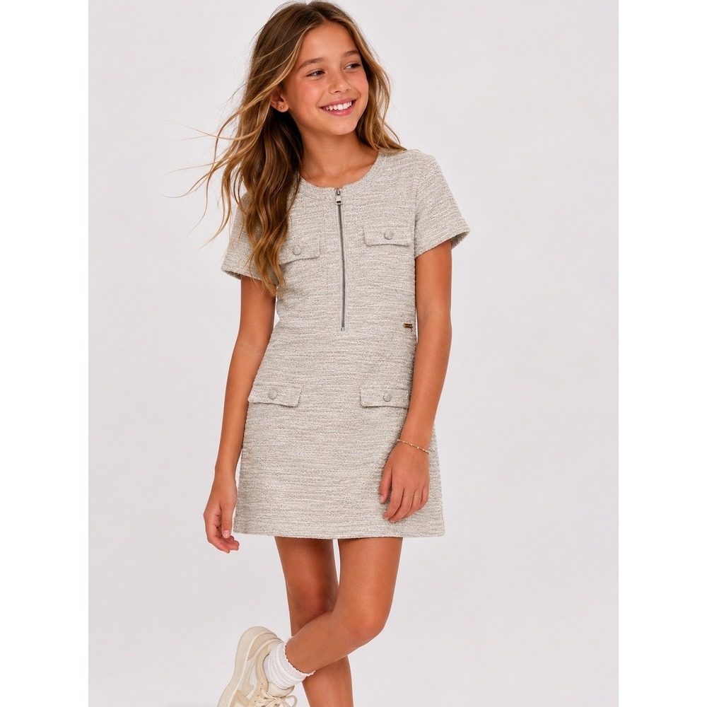 Guess Cream Tweed Short Sleeve Half Zip Mini Dress Size 12 NWOT